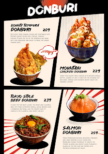 A promotional menu for various dishes at a restaurant named 'Donburi'. The items listed include different types of donburi such as pork tempura, chick