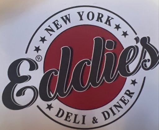 The image displays a circular logo for 'Eddie's Deli & Diner' with 'NEW YORK' at the top, a red circular background, the name 'Eddie's' in large styli
