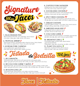 A colorful menu for a restaurant named 'Signature Tacos'. It features various taco options along with their descriptions and prices in Vietnamese Dong