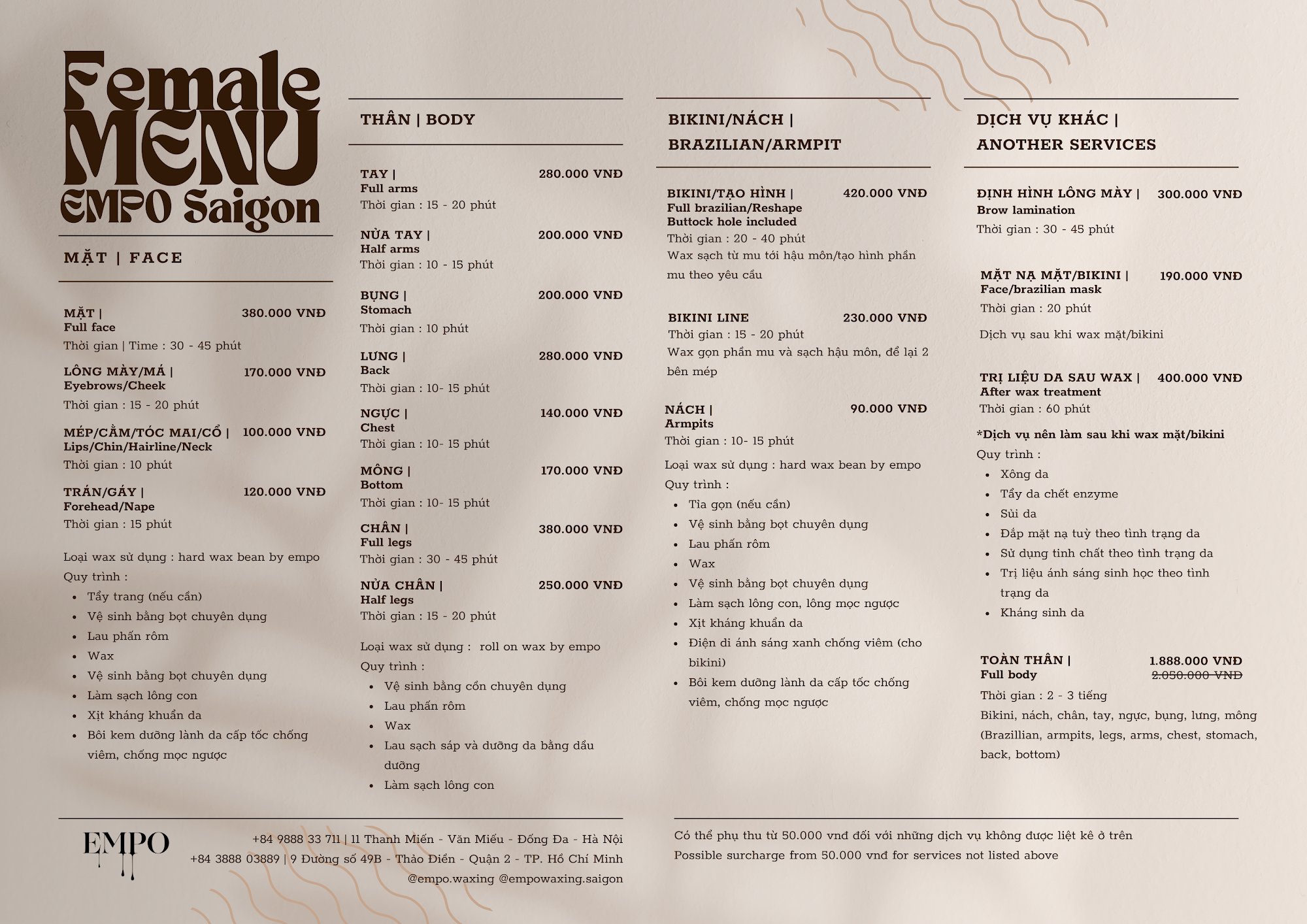 A detailed menu from a Vietnamese restaurant named 'EMP0 Saigon', featuring various services and prices in both English and Vietnamese.