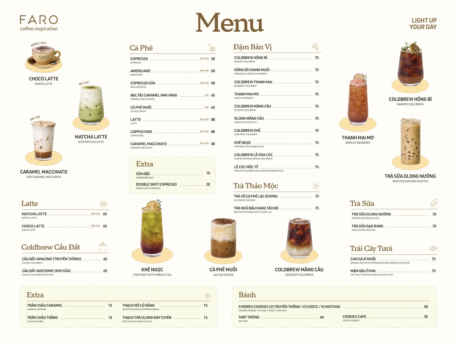 A coffee shop menu from Thao Dien, Saigon featuring various beverages such as espresso-based drinks and cold brews.