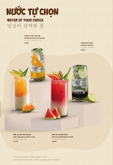 The image is a menu for a venue in Thao Dien, Saigon, showcasing three beverages. Each drink is presented in a glass with garnishes like citrus slices