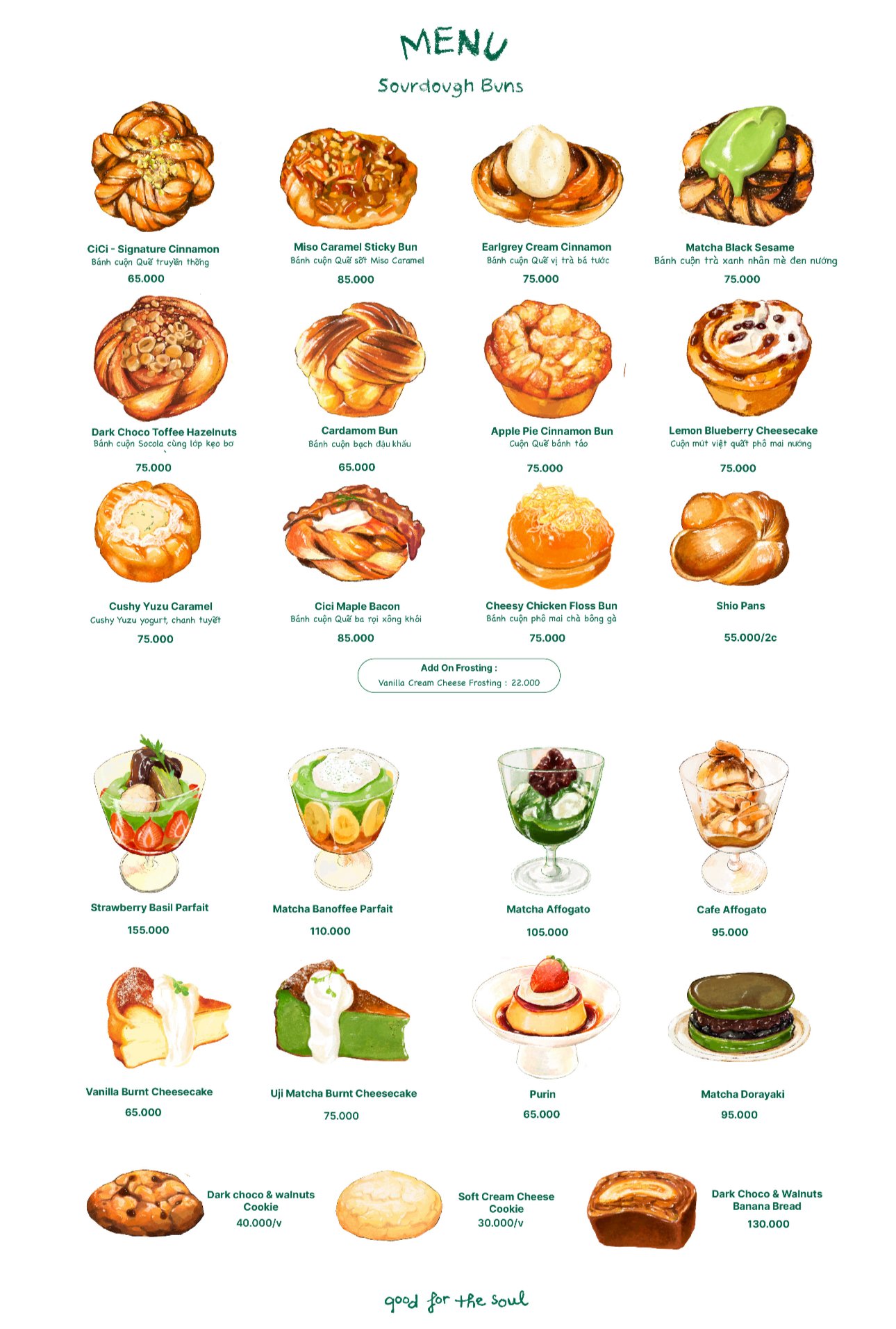 A detailed menu for a bakery/cafeteria in Thao Dien, Saigon, featuring sourdough buns, parfaits, cheesecakes, and other desserts. The menu includes il