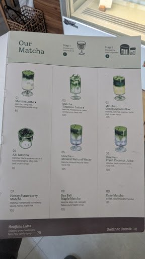 A menu board displaying various matcha-based drinks and their ingredients at a venue in Thao Dien, Saigon.