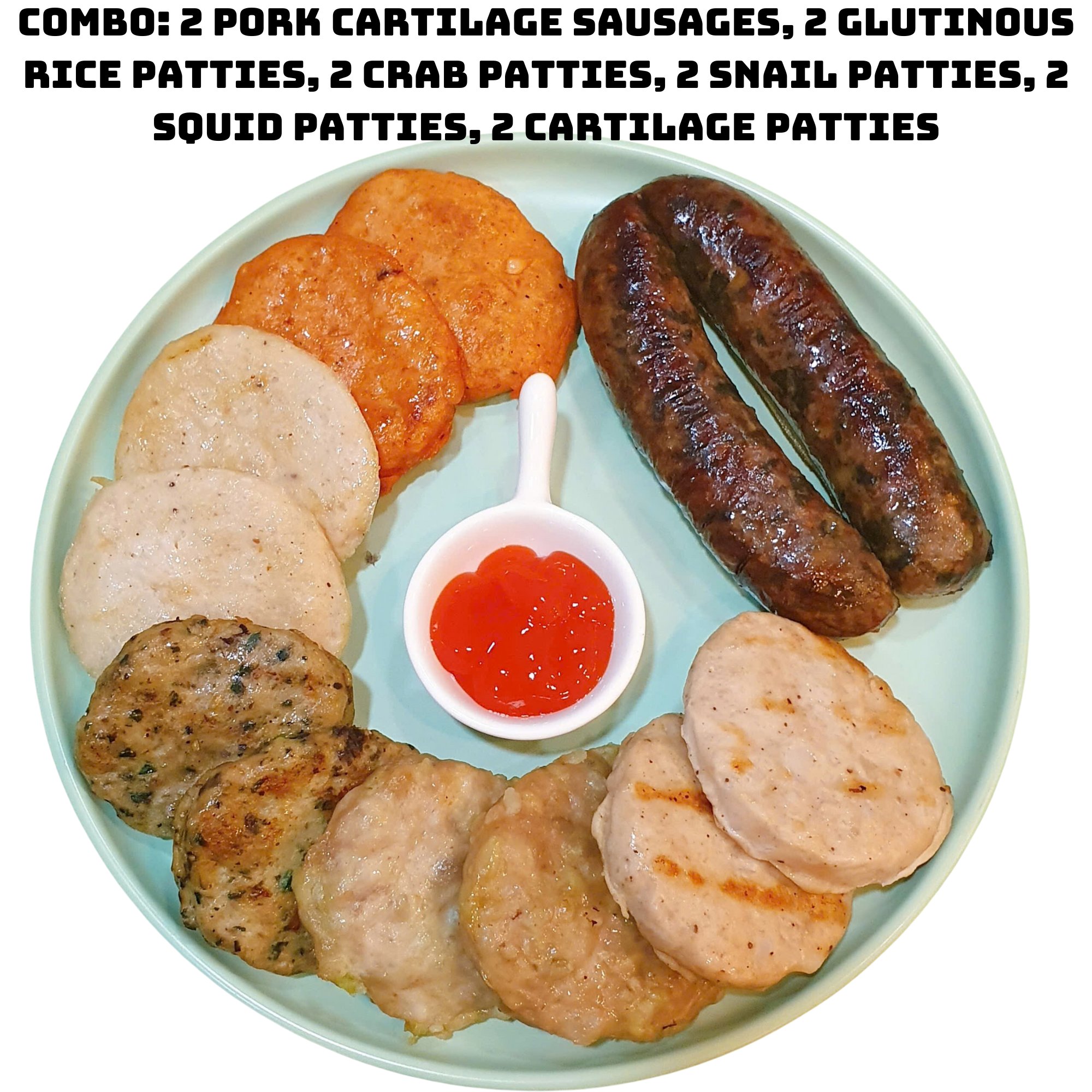 A plate of various types of patties and sausages presented on a light blue circular dish with accompanying condiments.