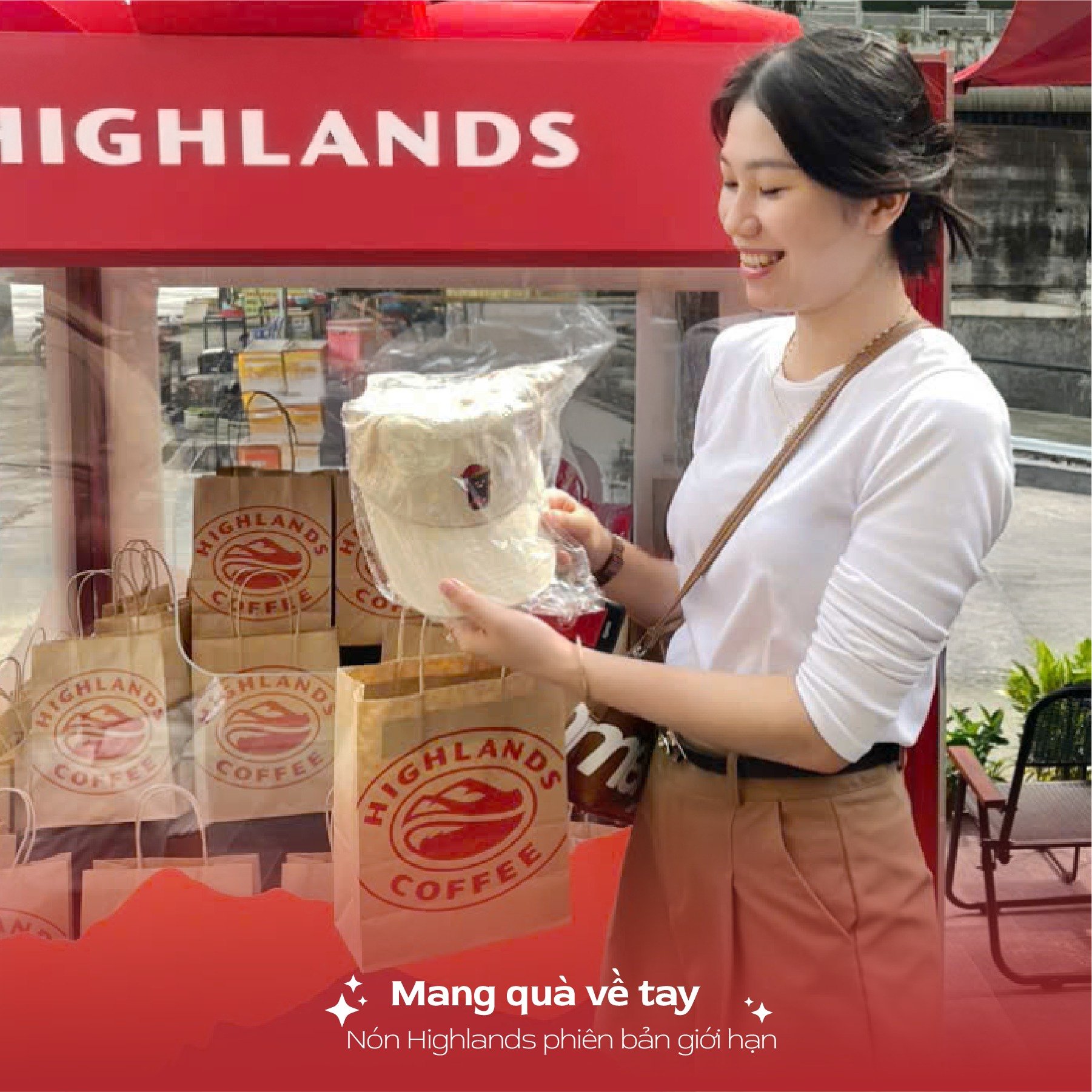 A woman is standing outside a coffee shop named 'Highlands Coffee', holding several takeaway bags and what appears to be a large container of ice crea