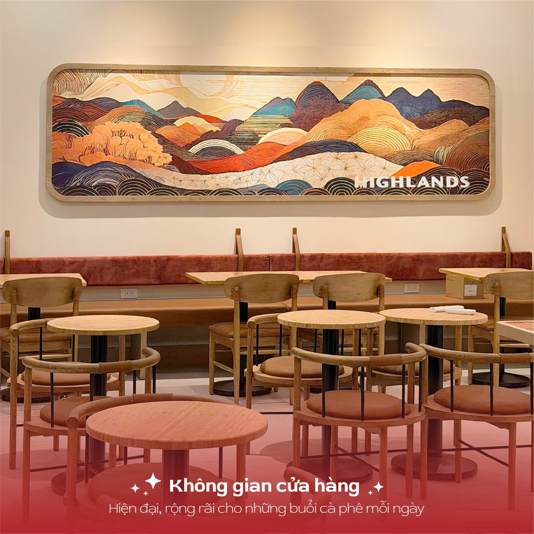 The image shows an interior space of a restaurant or cafe named 'Highlands'. The decor features wooden tables and chairs with round tops, complemented