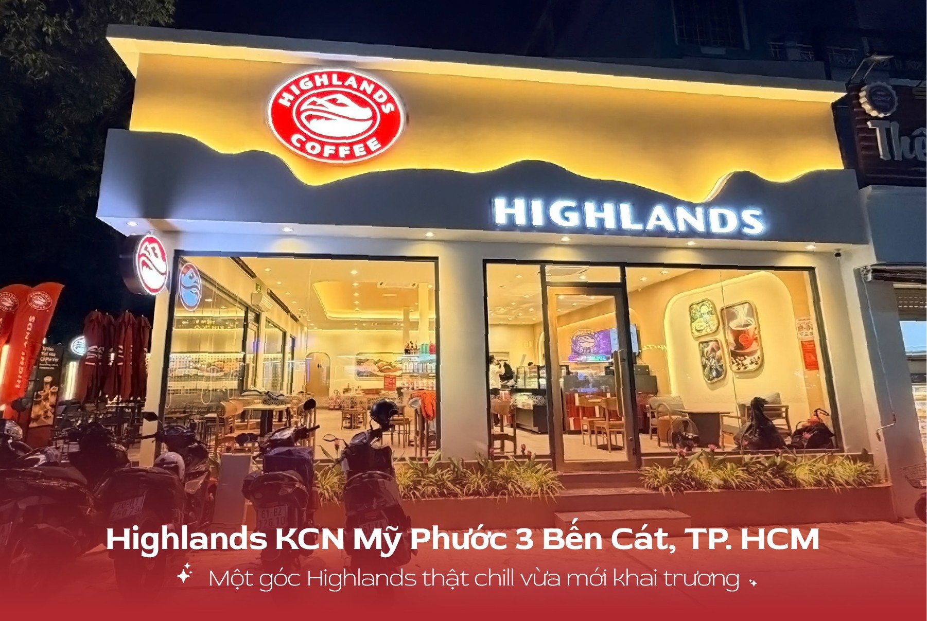 The image shows an exterior view of a coffee shop named 'Highlands Coffee' during nighttime with bright lighting and outdoor seating visible.