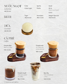 The image is a beverage menu from a venue in Thao Dien, Saigon. It features sections for 'NƯỚC NGỌT' (Sweet Drinks), 'BEER', and 'CÀ PHÊ' (Coffee). Ea