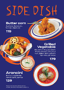 A menu section titled 'SIDE DISH' featuring three items: Butter corn (price 119), Grilled Vegetable (price 179), and Arancini (price 129). Each item h
