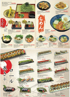 The image displays a Japanese restaurant menu featuring various dishes such as sushi rolls, tempura, udon noodles, and other traditional items.