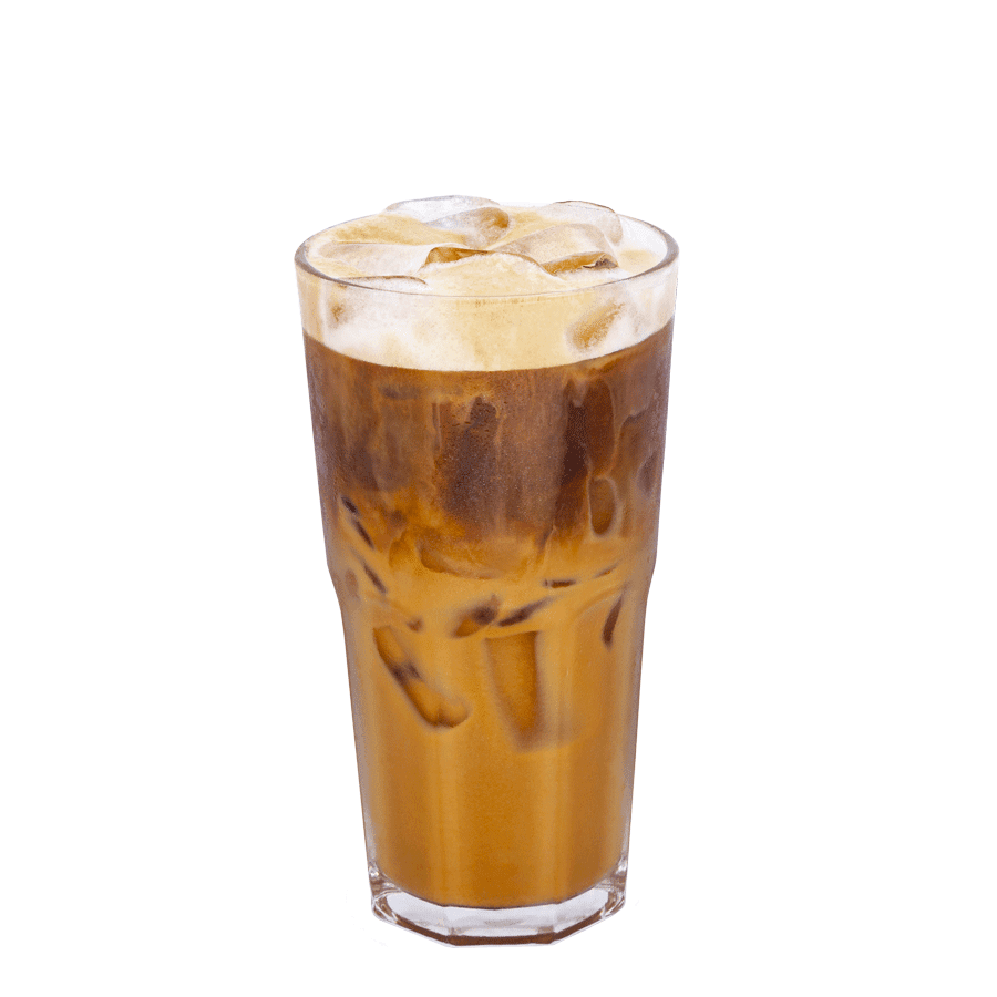 A glass of cold coffee beverage topped with a layer of frothy milk and ice cubes.