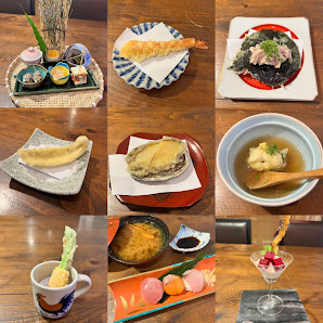 A collage of various Japanese dishes including sushi rolls, tempura shrimp, oysters on the half shell with ponzu sauce, a bowl of miso soup, and other
