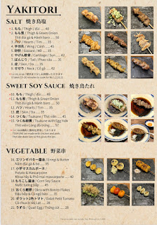 A menu from a restaurant named Yakitori in Thao Dien, Saigon featuring various dishes such as Salt Tuna and Sweet Soy Sauce items.