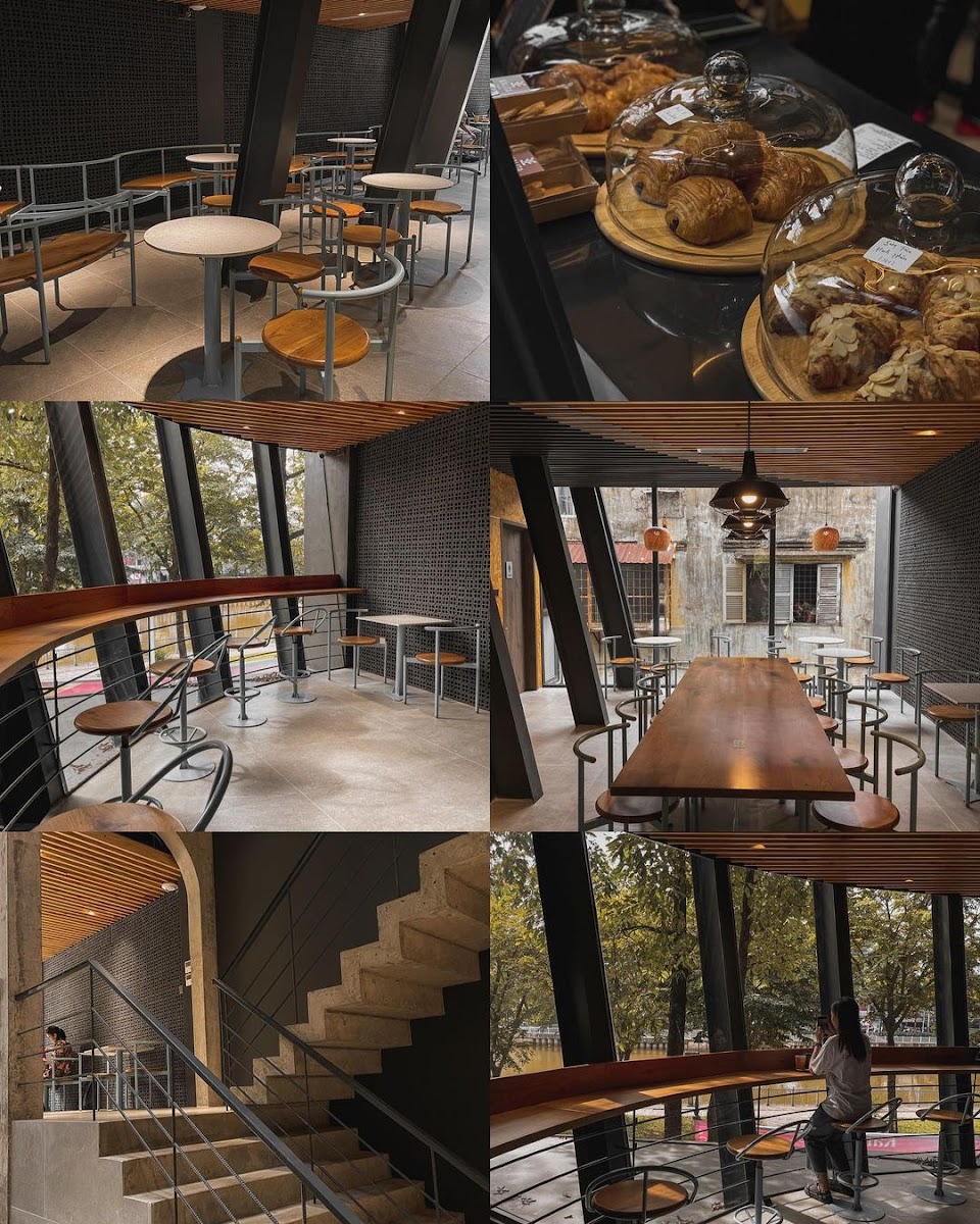 The image is a collage of multiple interior shots of a modern café in Thao Dien, Saigon. It features round tables with wooden stools, a long wooden ta