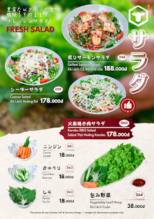 The image is a menu from a restaurant in Thao Dien, Saigon, featuring various salad dishes. It includes sections for 'FRESH SALAD' with multiple optio