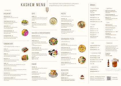 A professionally designed menu for 'KASHW MENU' located in Thao Dien, Saigon. The menu is divided into sections including BREAKFAST, BURGERS, SALADS &