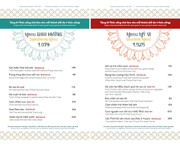 The image displays a bilingual menu (Vietnamese) for a venue in Thao Dien, Saigon, featuring two sections labeled 'Tang 1' and 'Tang 2' with pricing (