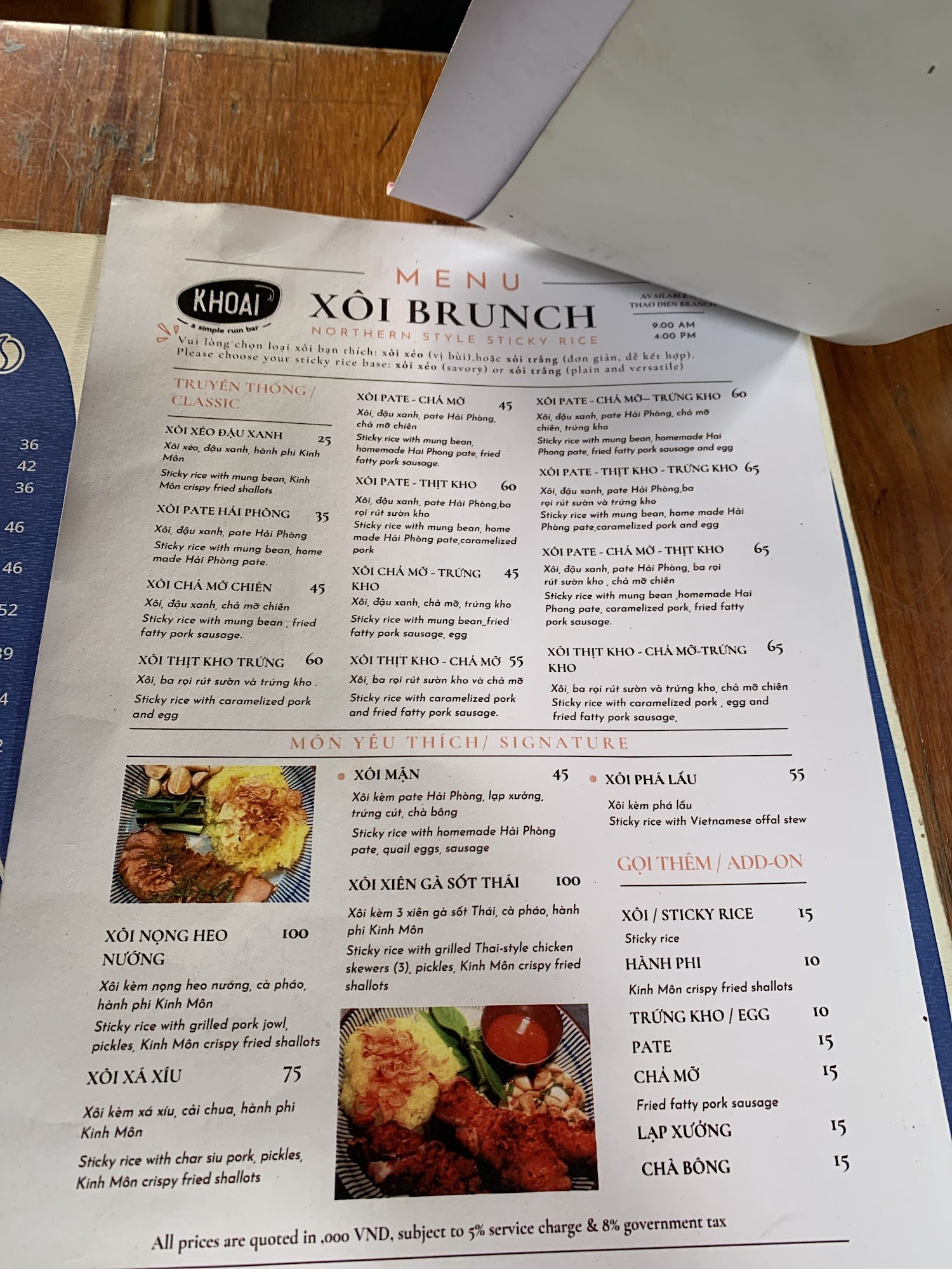 A menu for 'XÔI BRUNCH' (Northern style sticky rice) at KHOAI, a venue in Thao Dien, Saigon. The menu features sections like 'TRUYỀN THỐNG / CLASSIC',