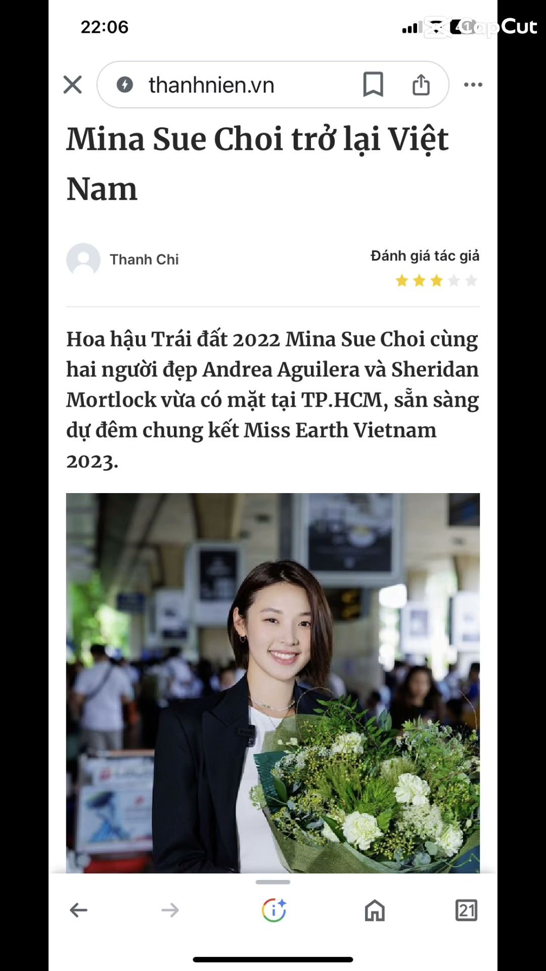 A screenshot of a news article on the website thanhnienv.vn about Mina Sue Choi being crowned Miss Earth Vietnam in 2023.