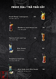 A drink menu from a venue in Thao Dien, Saigon, featuring six fruit tea and iced tea options with prices (48, 40, 45, 50, 42, 50) and corresponding be