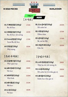 A menu from a venue in Thao Dien, Saigon featuring various Korean dishes such as BBQ and side dishes with their respective prices listed.