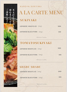 A menu from a Japanese restaurant named 'Kuroya Suiyaki' featuring items such as various types of wagyu beef, black pork, and shabu suki.