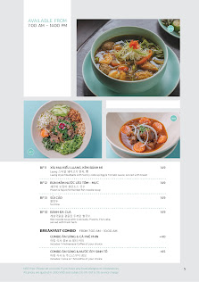 The image is a menu from a restaurant in Thao Dien, Saigon. It features three food photographs: a bowl of soup with vegetables and meat, a bowl of ric