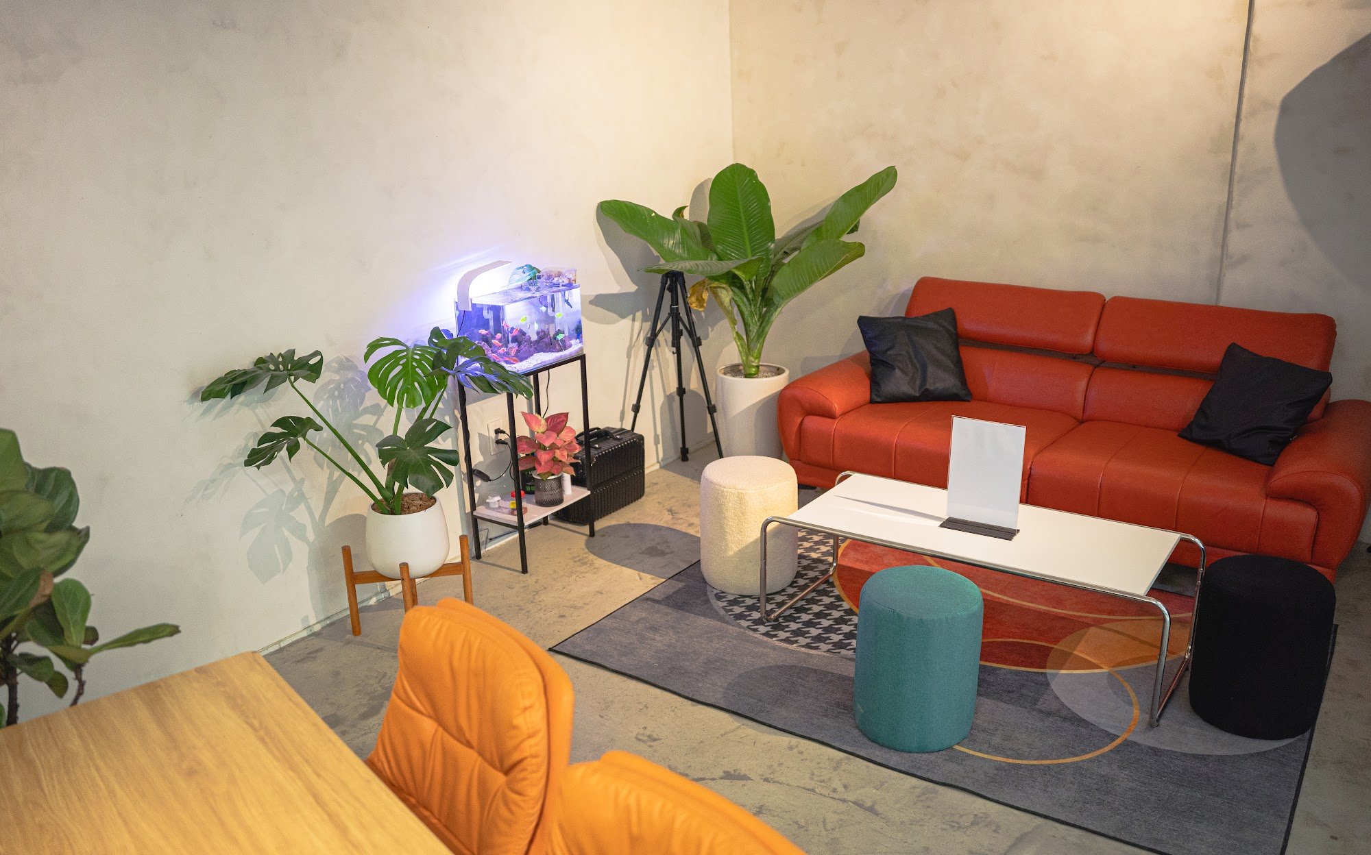 This image depicts a modern living room or lounge area in an urban setting. The space is well-lit with natural light, and features contemporary furnit
