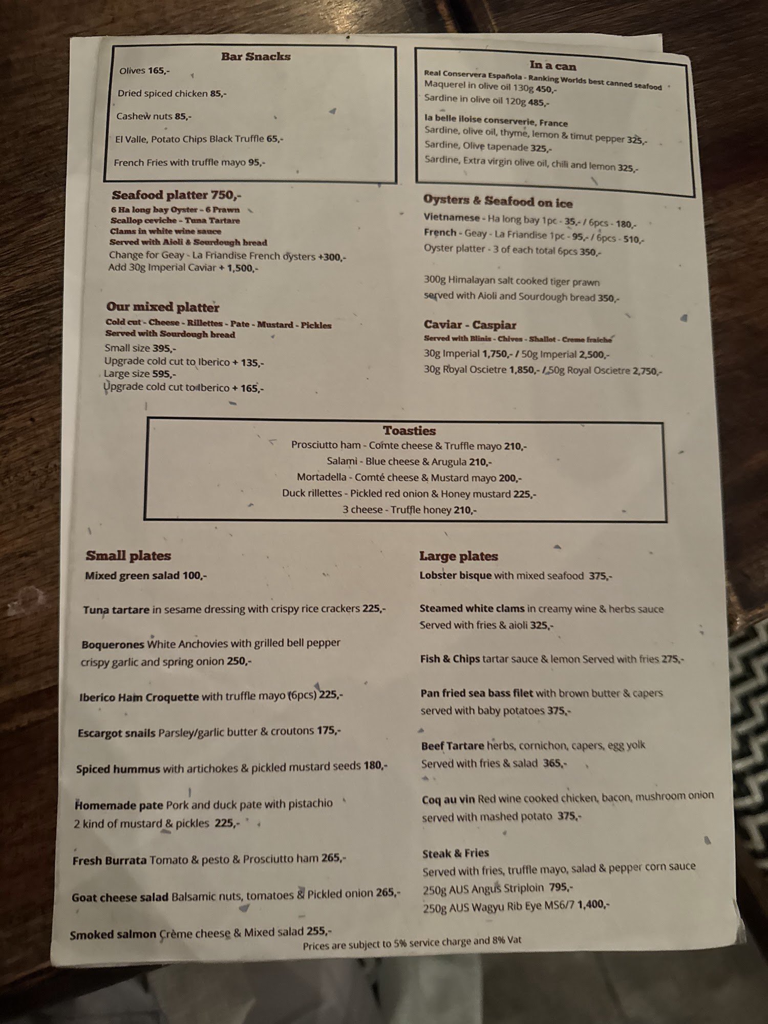 A menu from a restaurant named Thao Dien in Saigon is displayed on a wooden table with visible text and prices for various dishes, including appetizer