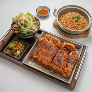 Grilled pork ribs with chili salt, truffle mushroom fried rice