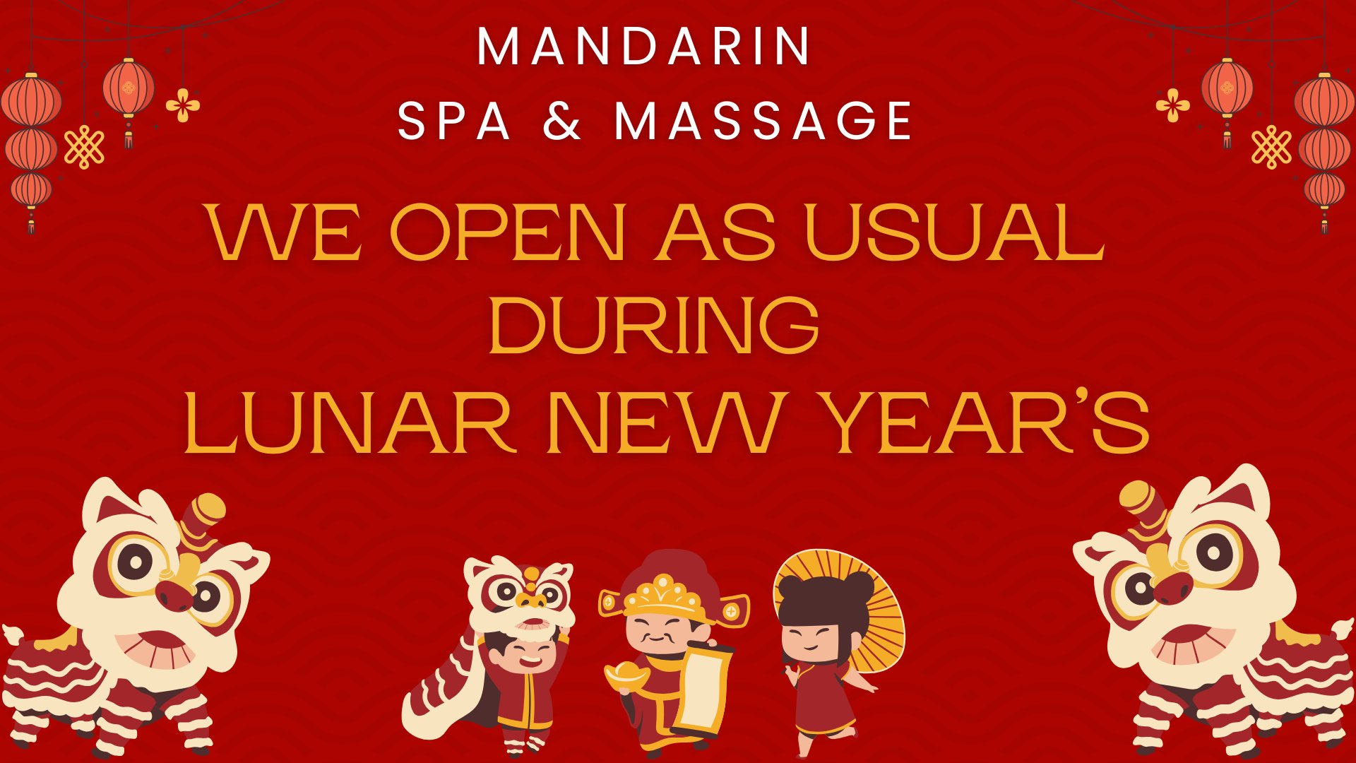 Promotional graphic for Mandarin Spa & Massage in Thao Dien, Saigon. Features a red background with Chinese New Year decorations (lanterns, lion dance