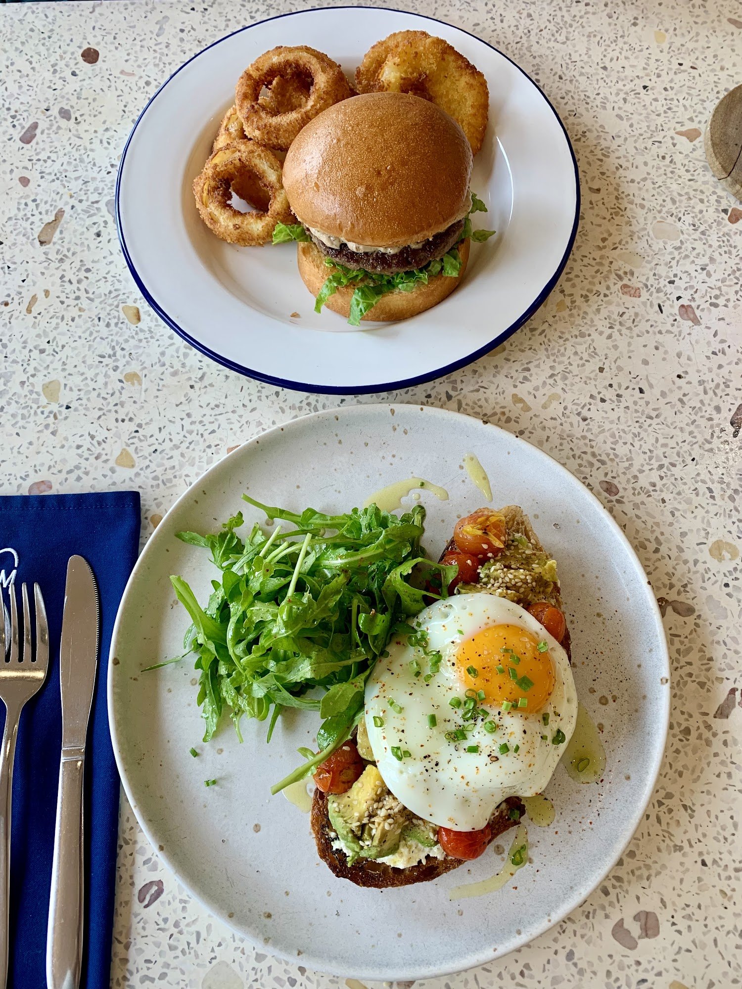 ["Burger with Onion Rings", "Avocado Toast with Fried Egg"]
