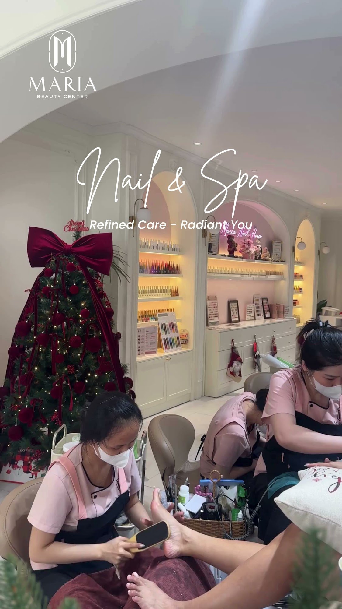 The image depicts an interior view of a beauty center named 'Maria Beauty Center'. It features manicure and spa services with staff attending to clien