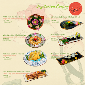 The image is a vegetarian restaurant menu from Thao Dien, Saigon, featuring six dishes with Vietnamese names, prices in VND, and corresponding food im
