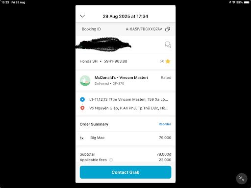 A screenshot of a booking confirmation page for various services and items including transportation, food delivery, and personal care.