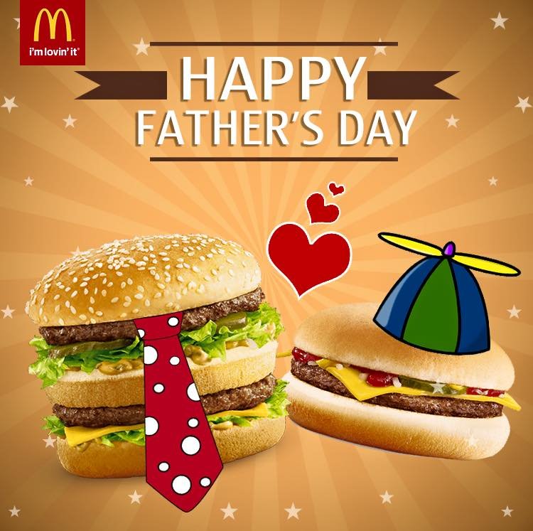 McDonald's Father's Day promotional graphic featuring the McDonald's logo, 'HAPPY FATHER'S DAY' text, two burgers (one with a red polka-dot tie, the o