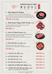 A menu for a premium beef restaurant in Thao Dien, Saigon, listing various beef cuts with prices (e.g., "Thịt A5 Wagyu (100g)" at 320,000 VND), images