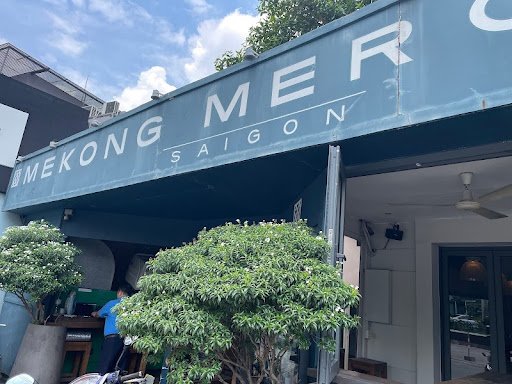 The image shows an exterior view of a restaurant named 'Mekong Merc' located in Thao Dien, Saigon.