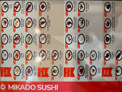 A printed menu from Mikado Sushi, a sushi restaurant in Thao Dien, Saigon. The menu features a grid layout with circular images of various sushi dishe