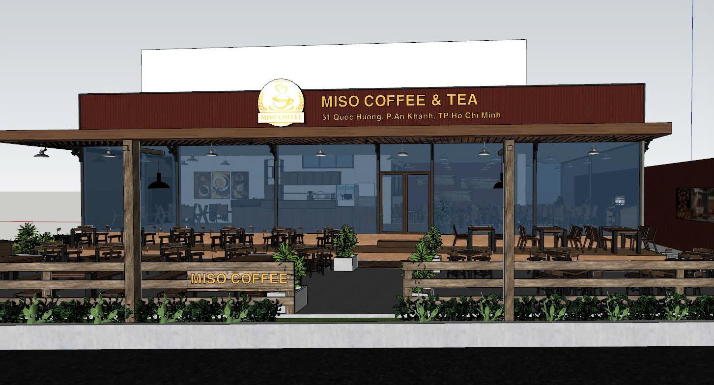 A rendering of a coffee and tea shop named 'MISO COFFEE & TEA' with an outdoor seating area in front.