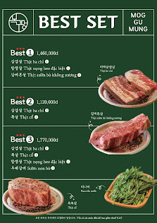 The image is a menu from a venue in Thao Dien, Saigon, showcasing 'BEST SET' options. It lists three sets: Best 1 (1,680,000 VND), Best 2 (1,380,000 V