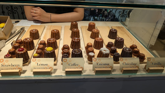 A display case in a bakery or dessert shop showcasing an assortment of various flavored chocolate mousse cakes and puddings on wooden boards, each lab