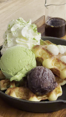 Matcha Waffle Dessert with Mochi Sphere