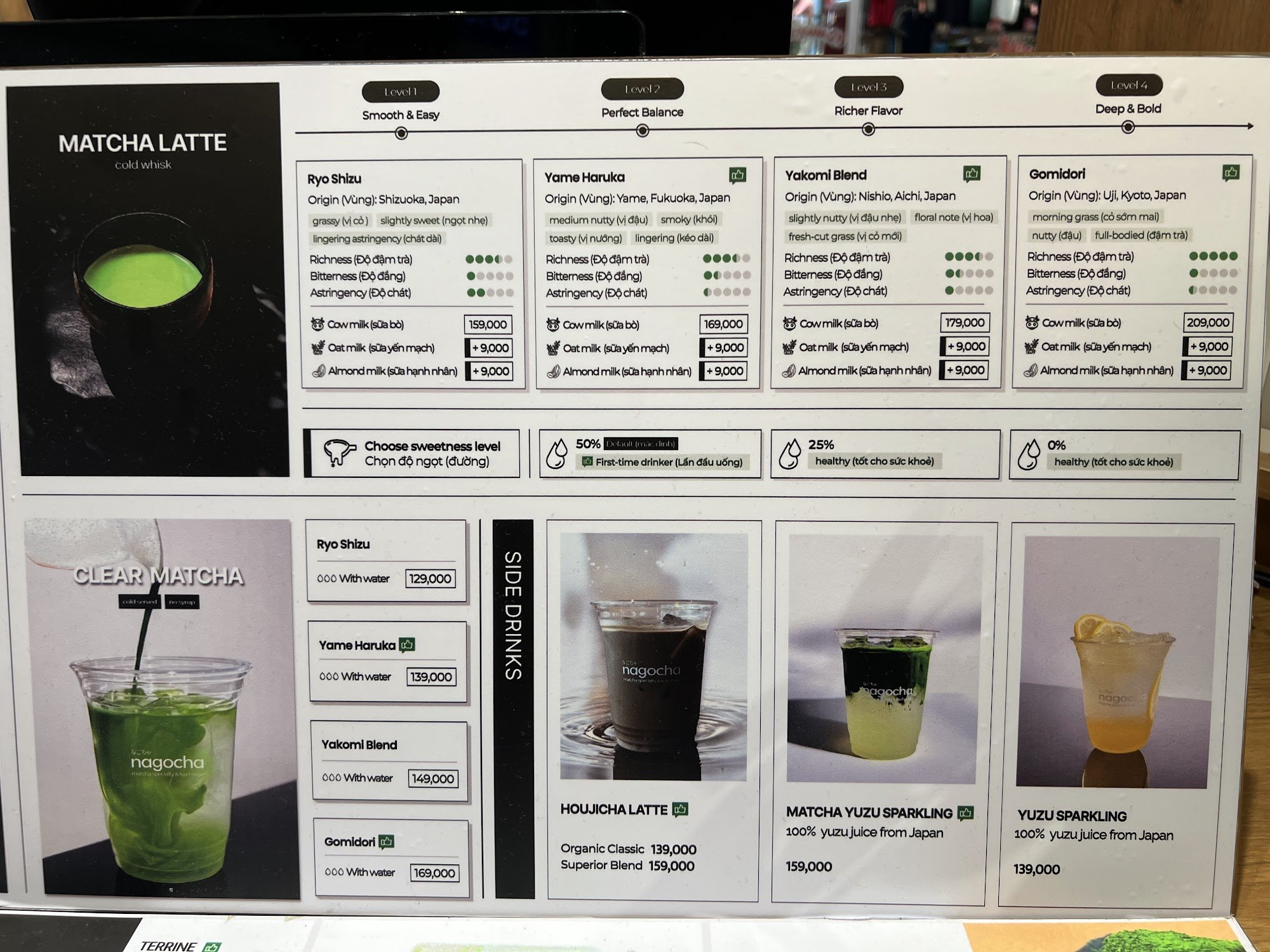 A menu displaying various matcha-based beverages and their descriptions along with prices in Vietnamese Dong (₫). The top section shows different leve