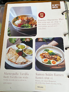 A menu from a Vietnamese restaurant featuring three dishes: Mètquequila Tortilla, Samon Sukin Ramen, and Ràmén nhãm vi.
