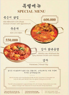 A special menu from a venue in Thao Dien, Saigon, featuring two main dishes with Korean and English descriptions. The top dish is 'Gà Lẩu Kim Cúc Chua
