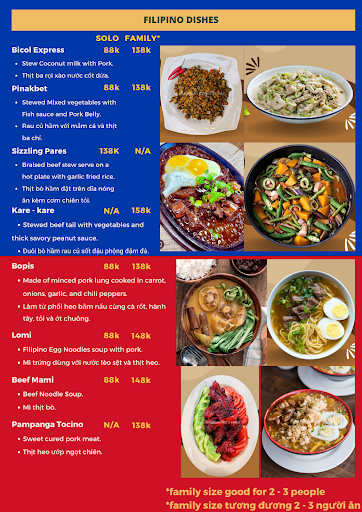 A colorful menu from a Filipino restaurant named 'Filipino Dinners' featuring various dishes with their respective prices and descriptions in English,
