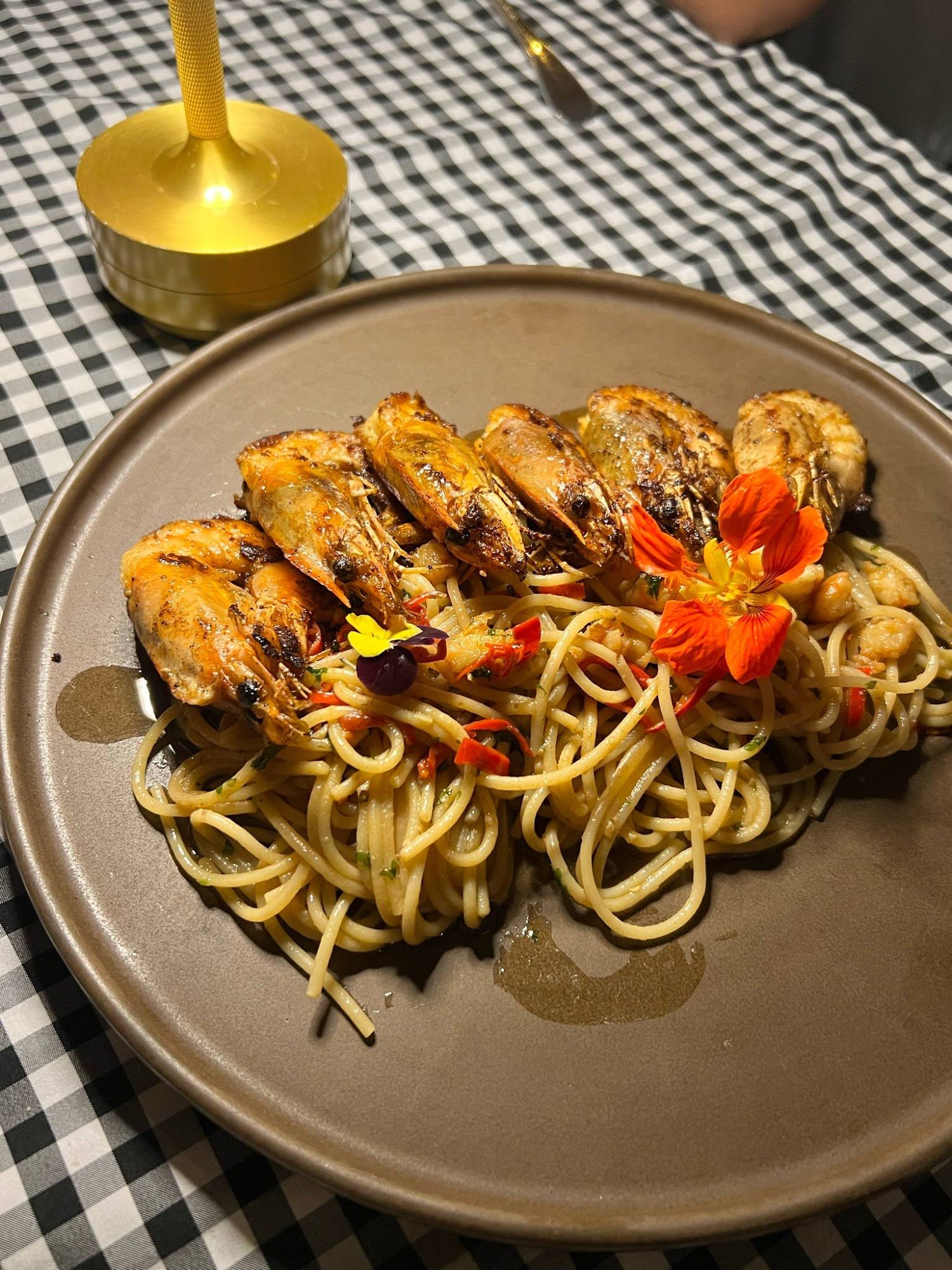 Grilled Shrimp Pasta with Edible Flowers