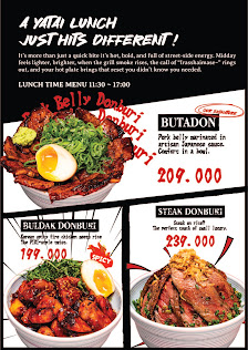 A promotional flyer for a Vietnamese restaurant featuring three dishes: Belly Donburi, Butadon, and Beefak Donbushi.